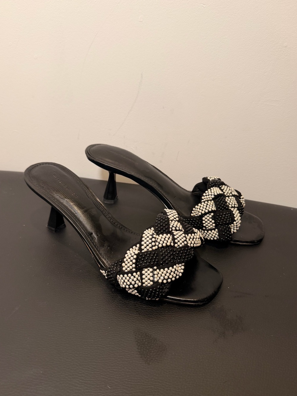 14th & Union Black and White Braided Bead Slide Kitten Heels